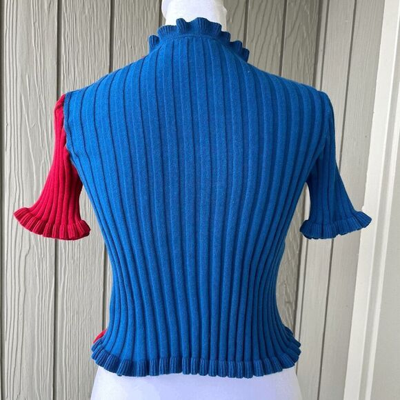 Find Me Now Two-Tone Ruffle Button Cardigan Blue/Red S Rib Knit Kidcore Y2K - Picture 2 of 9